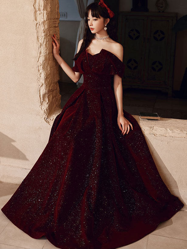 Shimmer Burgundy Velvet Off Shoulder Evening Prom Gown
