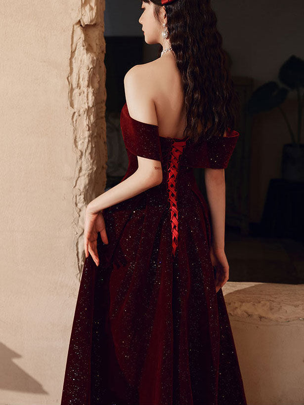 Shimmer Burgundy Velvet Off Shoulder Evening Prom Gown