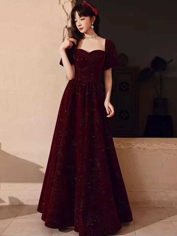 Shimmer Burgundy Velvet Off Shoulder Evening Prom Gown