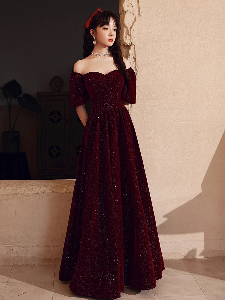 Shimmer Burgundy Velvet Off Shoulder Evening Prom Gown