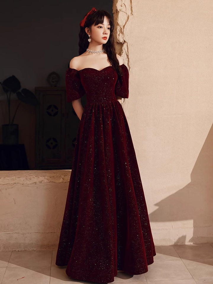 Shimmer Burgundy Velvet Off Shoulder Evening Prom Gown