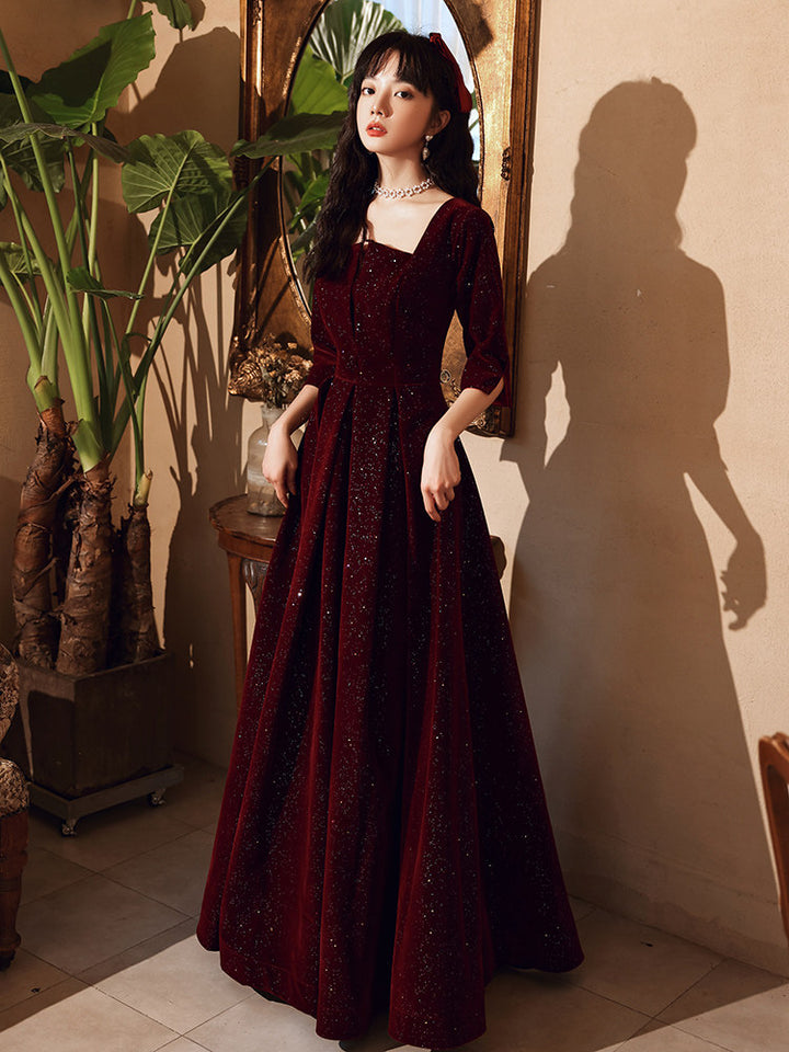 Shimmer Burgundy Velvet A-Line Winter Evening Prom Gown
