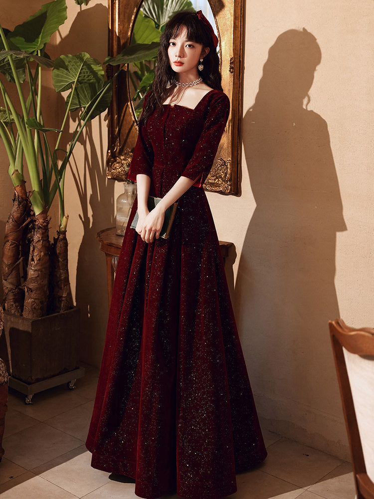Shimmer Burgundy Velvet A-Line Winter Evening Prom Gown