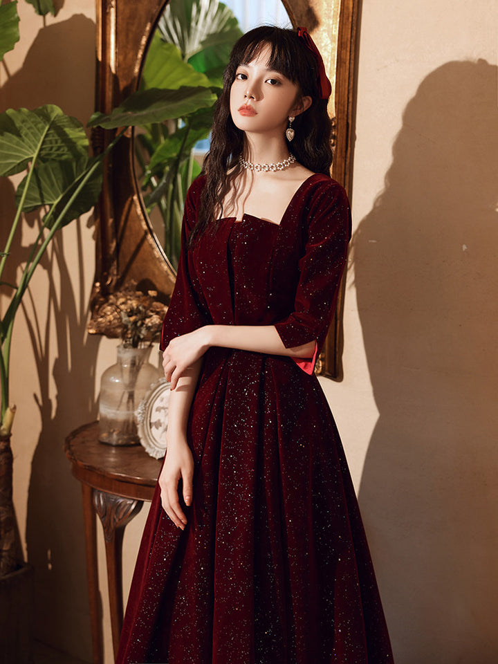 Shimmer Burgundy Velvet A-Line Winter Evening Prom Gown