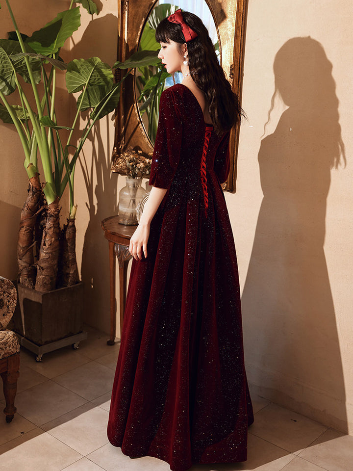 Shimmer Burgundy Velvet A-Line Winter Evening Prom Gown