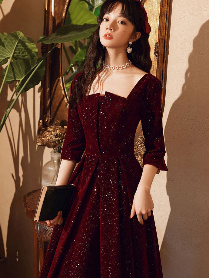 Shimmer Burgundy Velvet A-Line Winter Evening Prom Gown