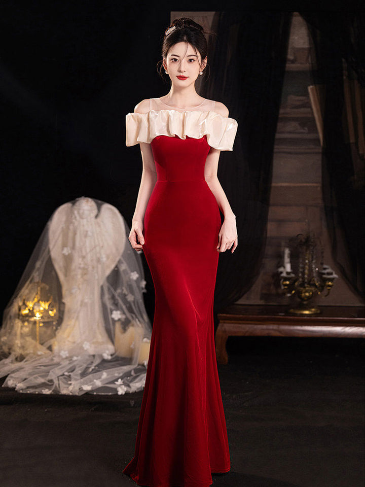 Sheer Shoulder Black Red Velvet Fishtail Evening Prom Dress