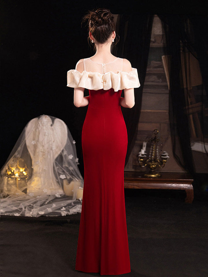 Sheer Shoulder Black Red Velvet Fishtail Evening Prom Dress