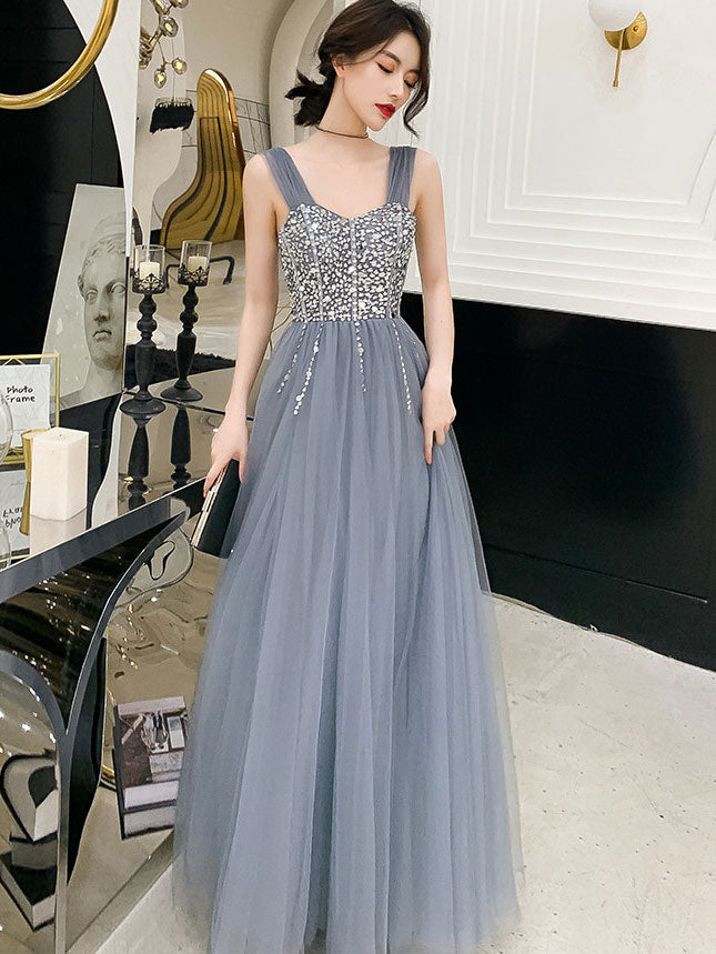 Gray A-Line Tulle Beads Bridesmaid Evening  Prom Dress  
