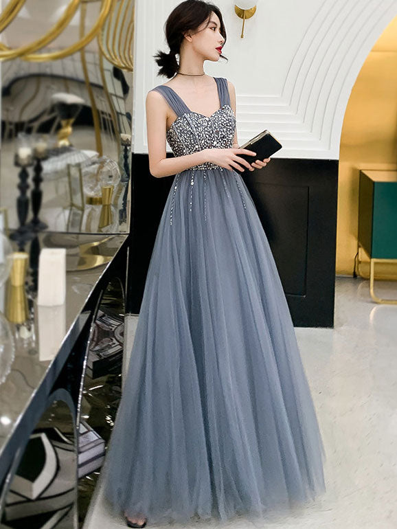 Gray A-Line Tulle Beads Bridesmaid Evening  Prom Dress  