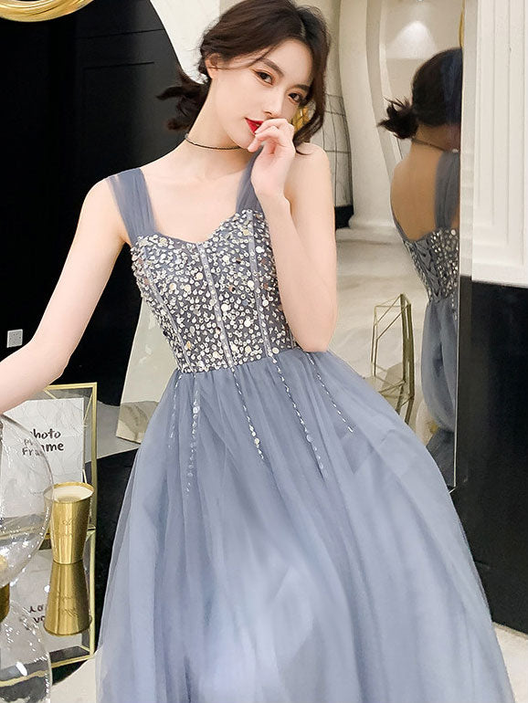 Gray A-Line Tulle Beads Bridesmaid Evening  Prom Dress  