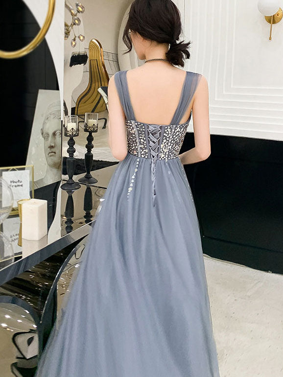Gray A-Line Tulle Beads Bridesmaid Evening  Prom Dress  