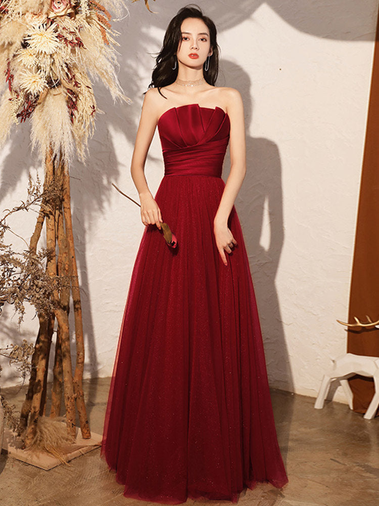 Wine Red Strapless Bandeau A-Line Tulle Prom Dress
