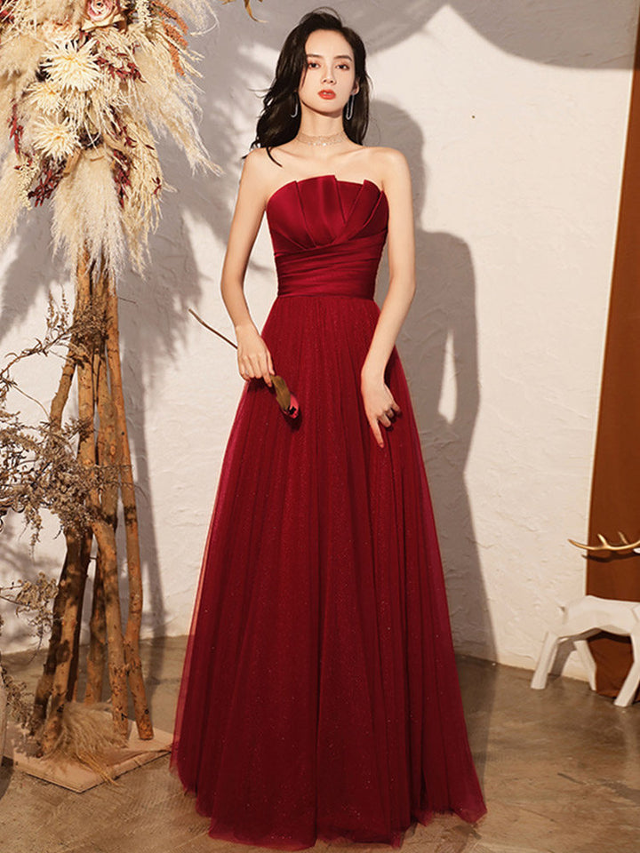 Wine Red Strapless Bandeau A-Line Tulle Prom Dress