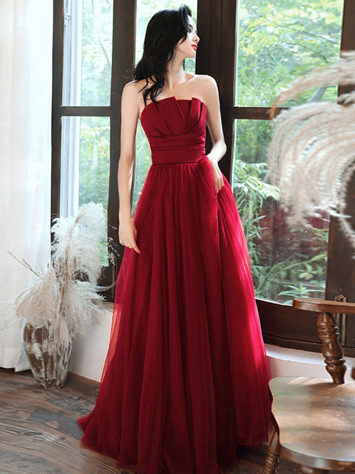 Wine Red Strapless Bandeau A-Line Tulle Prom Dress