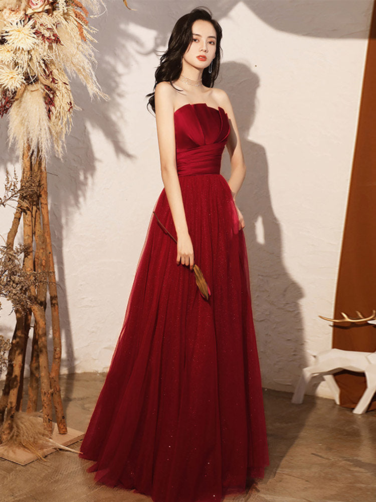 Wine Red Strapless Bandeau A-Line Tulle Prom Dress