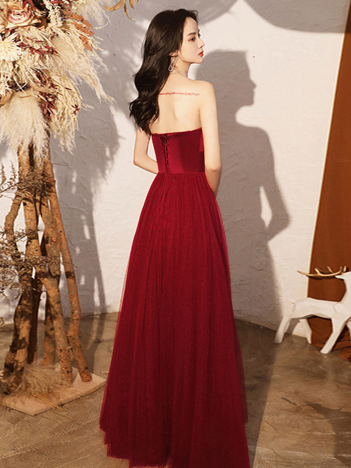 Wine Red Strapless Bandeau A-Line Tulle Prom Dress