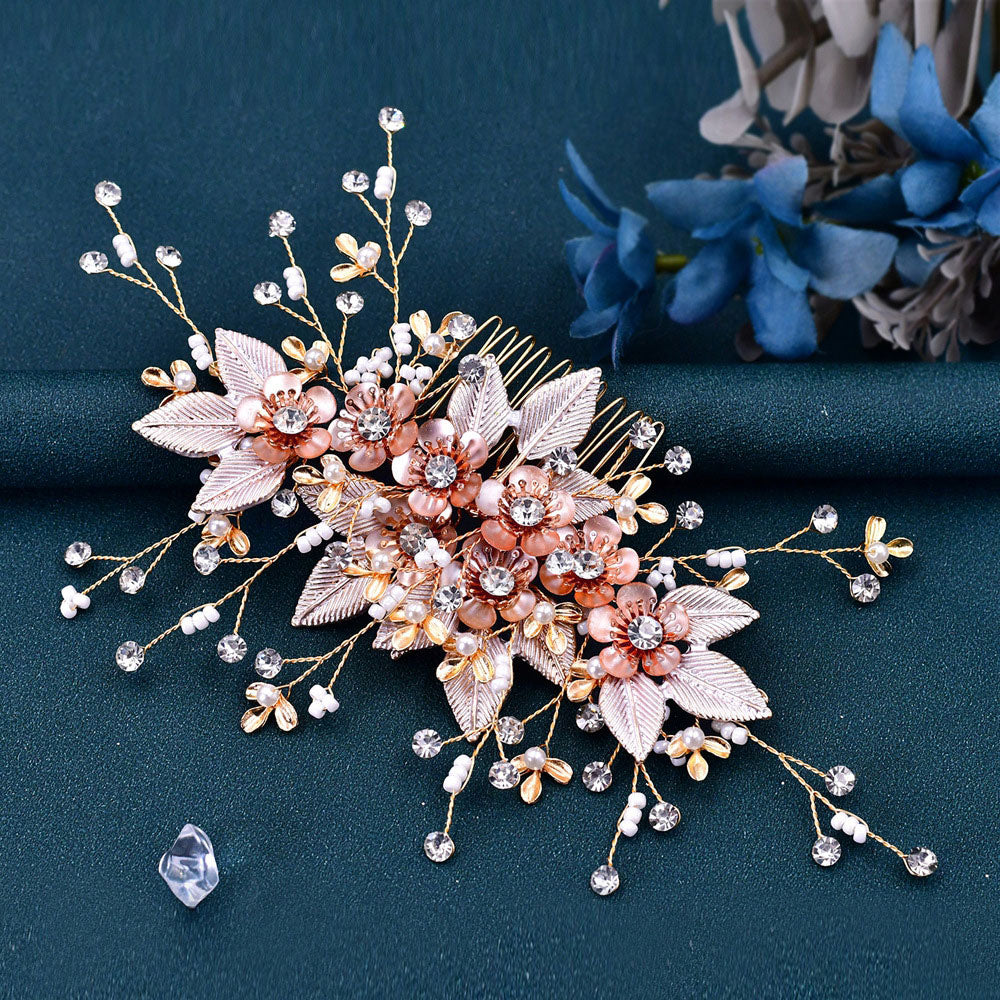 Rhinestone Pink Flower Bridal Wedding Hair Comb