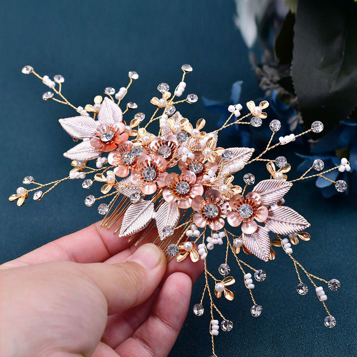 Rhinestone Pink Flower Bridal Wedding Hair Comb