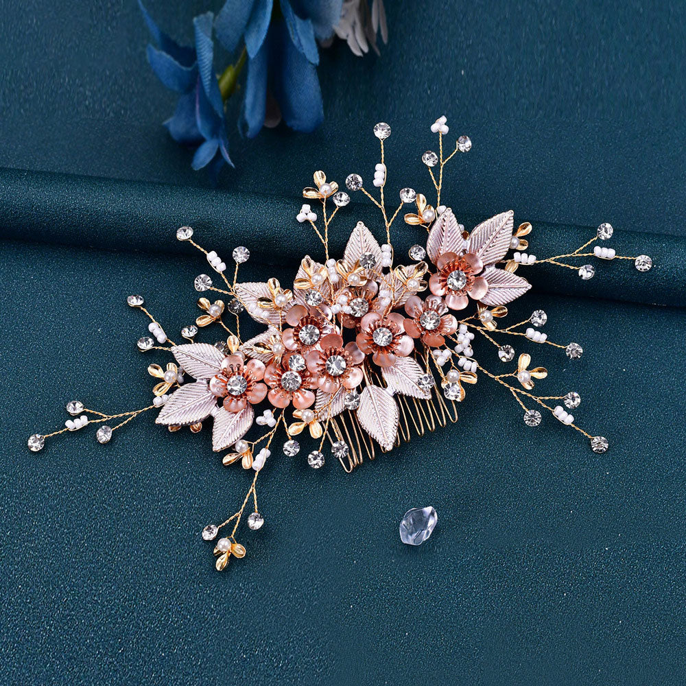 Rhinestone Pink Flower Bridal Wedding Hair Comb