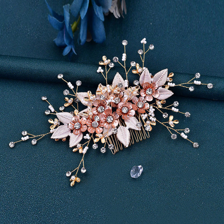 Rhinestone Pink Flower Bridal Wedding Hair Comb