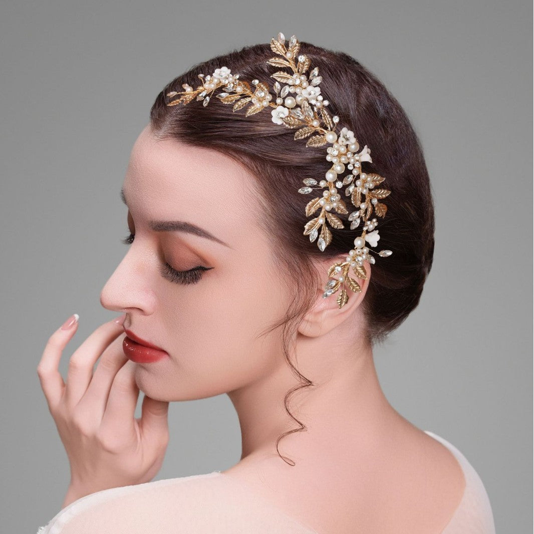 Rhinestone Pearls Flower Bridal Wedding Hair Vine Clip