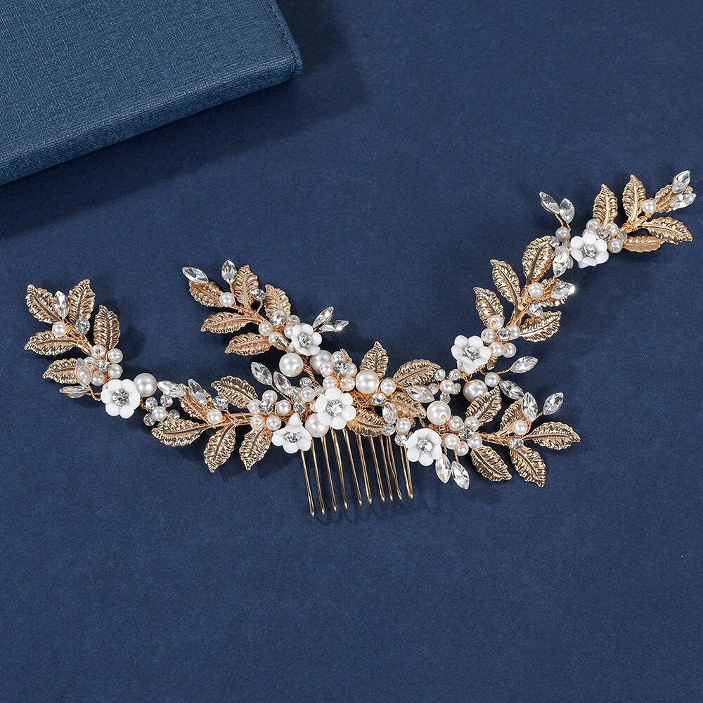 Rhinestone Pearls Flower Bridal Wedding Hair Vine Clip