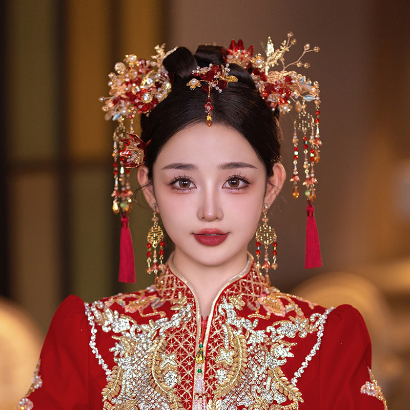 Beads Tassel Alloy Flower Bridal Hair Clips Comb & Earrings