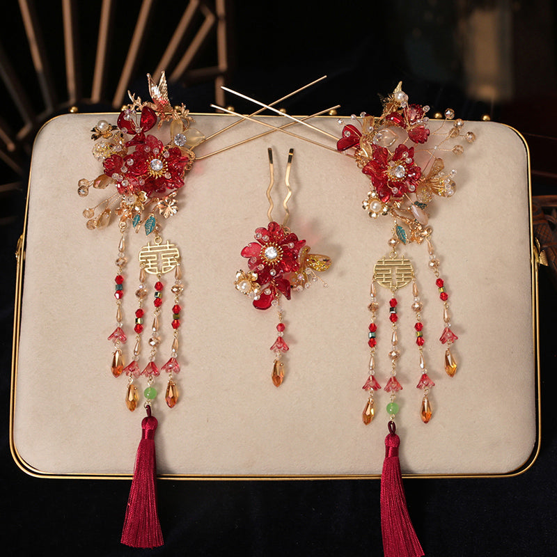 Beads Tassel Alloy Flower Bridal Hair Clips Comb & Earrings