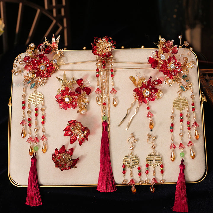 Beads Tassel Alloy Flower Bridal Hair Clips Comb & Earrings