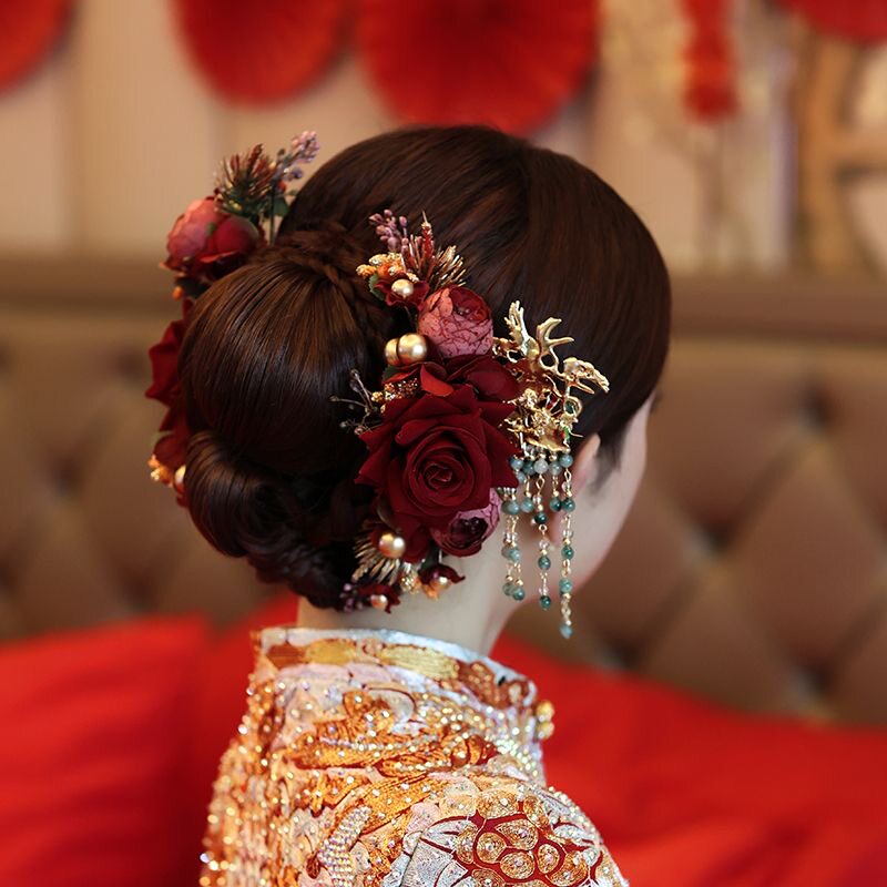Fabric Rose Beads Tassels Bridal Hair Clips Pins & Earrings