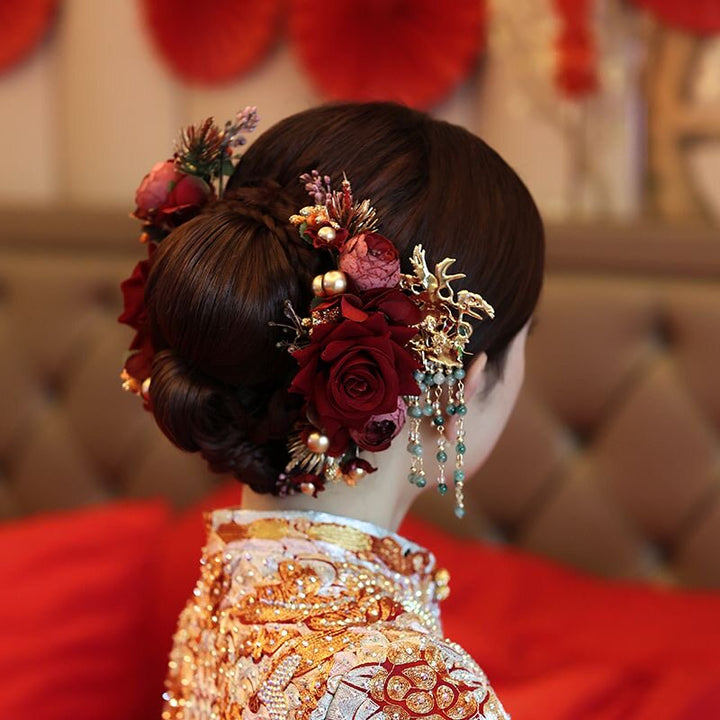 Fabric Rose Beads Tassels Bridal Hair Clips Pins & Earrings