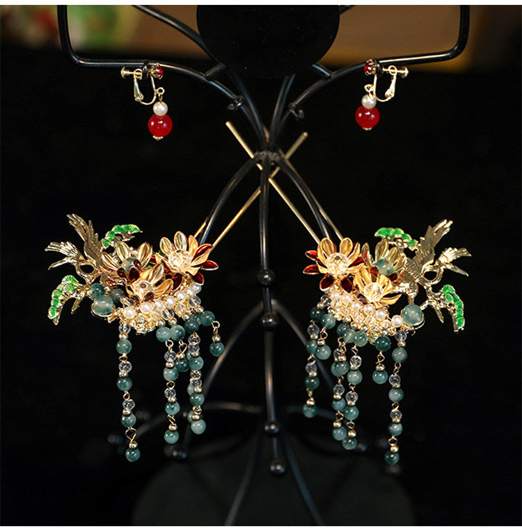 Fabric Rose Beads Tassels Bridal Hair Clips Pins & Earrings