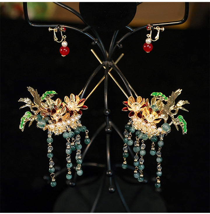 Fabric Rose Beads Tassels Bridal Hair Clips Pins & Earrings