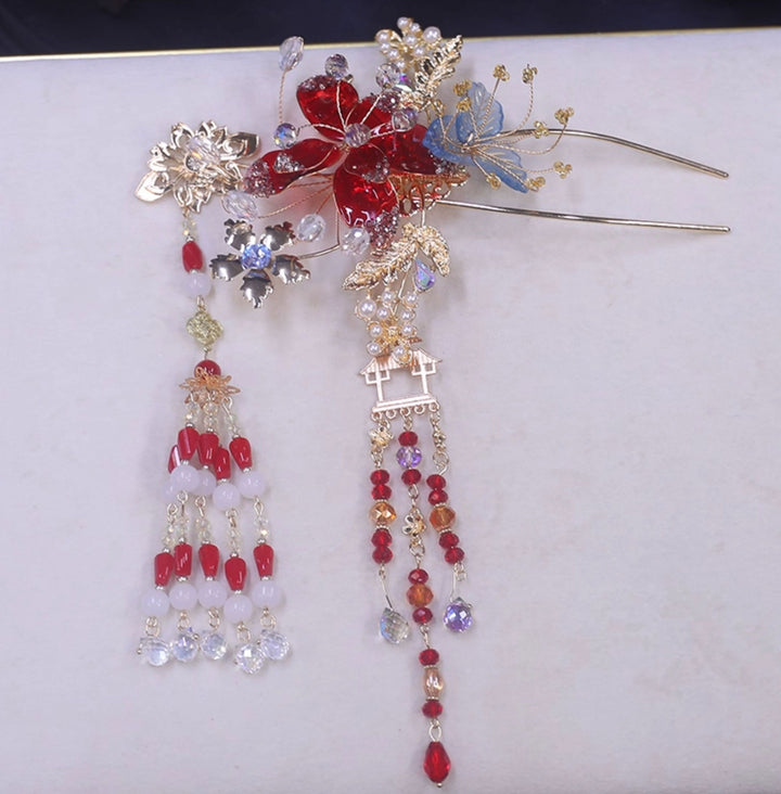 4 Pcs Bridal Flower Hair Combs Clips & Earrings