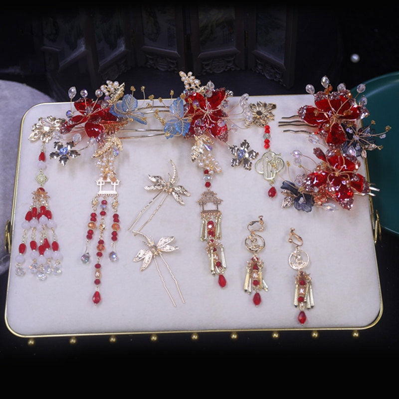 4 Pcs Bridal Flower Hair Combs Clips & Earrings