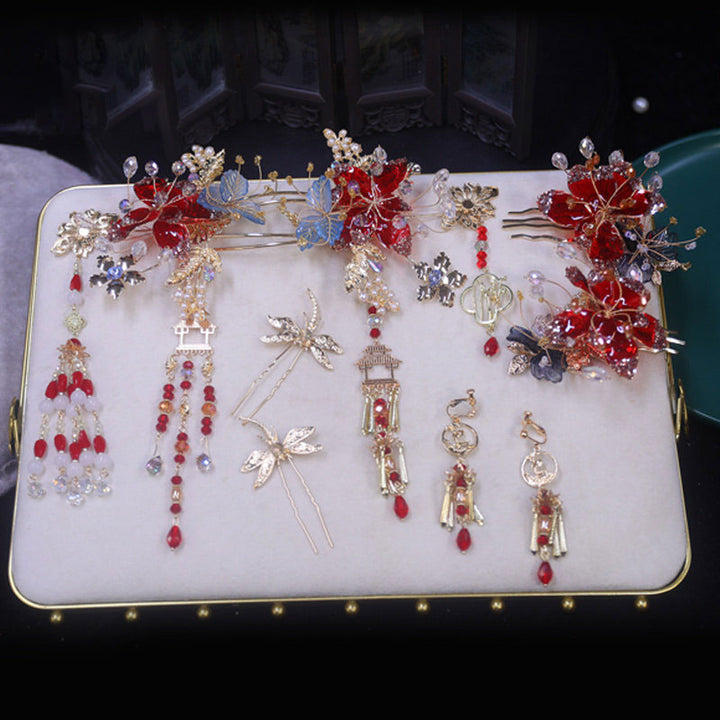 4 Pcs Bridal Flower Hair Combs Clips & Earrings