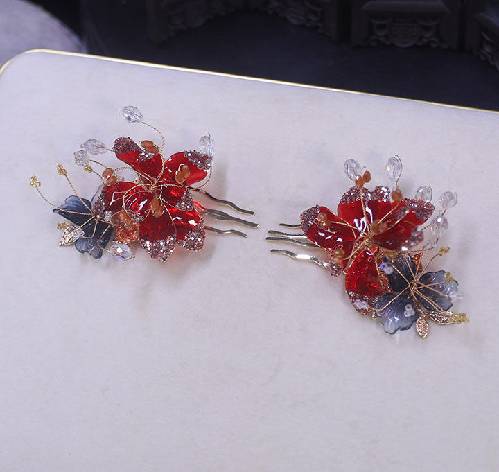 4 Pcs Bridal Flower Hair Combs Clips & Earrings