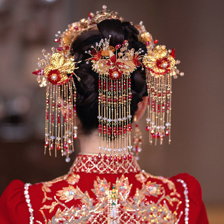 4 Pcs Chinese Vintage Flower Tassels Bridal Hair Pins Clips & Earrings