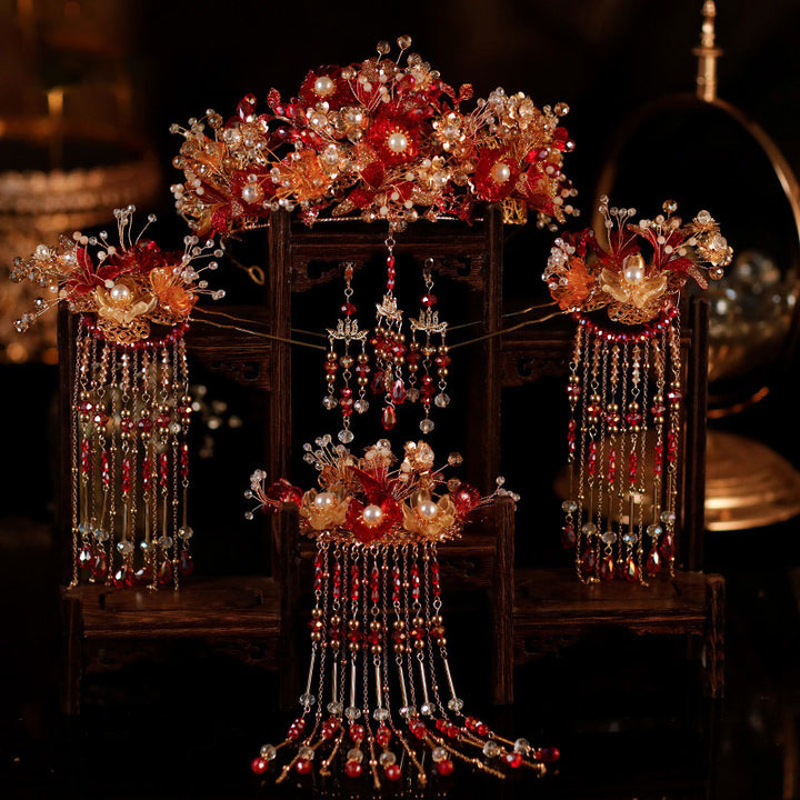 4 Pcs Chinese Vintage Flower Tassels Bridal Hair Pins Clips & Earrings