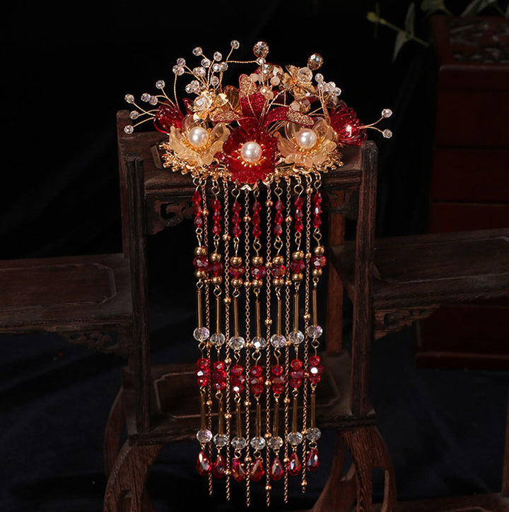 4 Pcs Chinese Vintage Flower Tassels Bridal Hair Pins Clips & Earrings