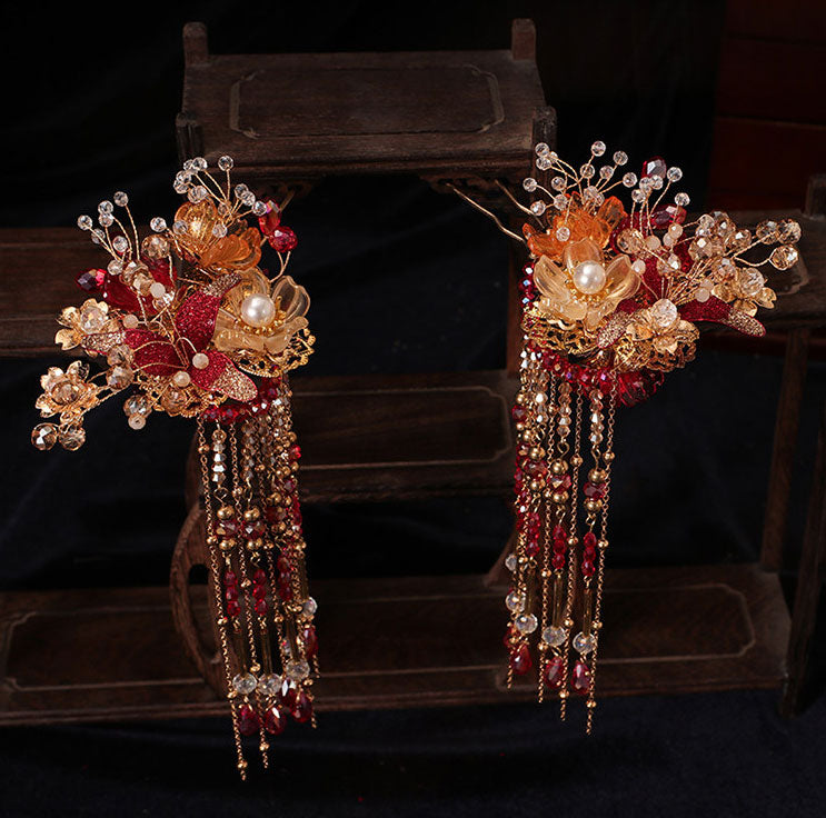 4 Pcs Chinese Vintage Flower Tassels Bridal Hair Pins Clips & Earrings