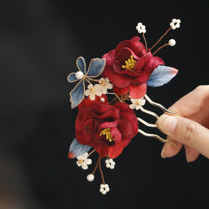 Two Pieces Burgundy Fabrics Butterfly Flowers Hair Comb Pins