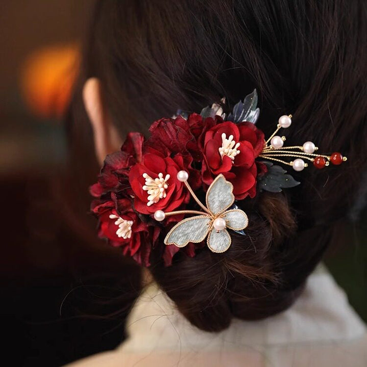 Burgundy Fabrics FButterfly Flowers Hair Comb Pins