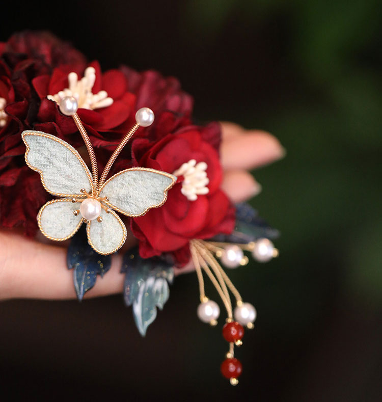 Burgundy Fabrics FButterfly Flowers Hair Comb Pins