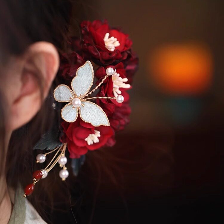 Burgundy Fabrics FButterfly Flowers Hair Comb Pins