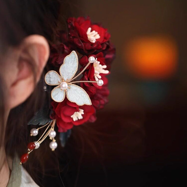 Burgundy Fabrics FButterfly Flowers Hair Comb Pins