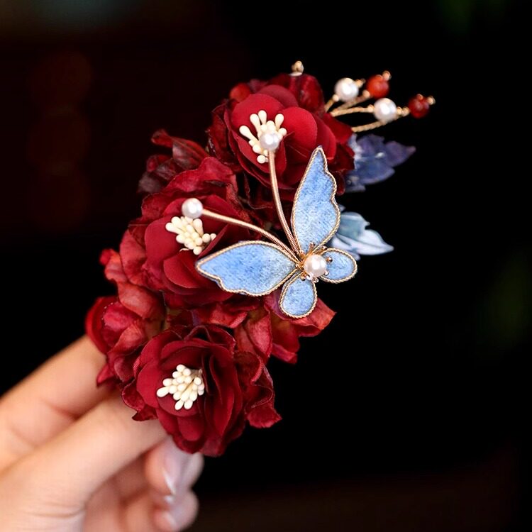 Burgundy Fabrics FButterfly Flowers Hair Comb Pins