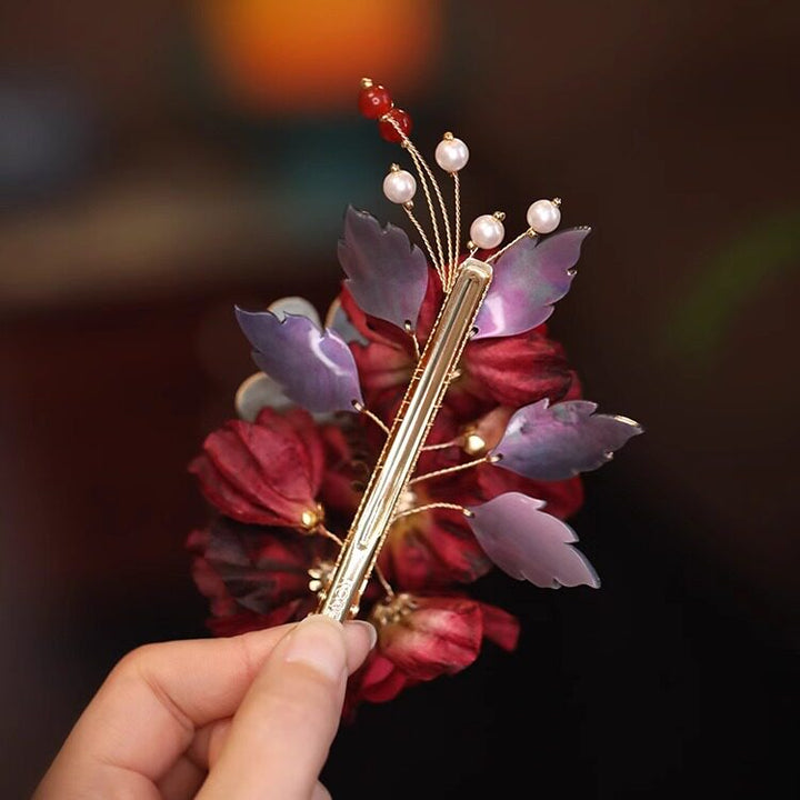 Burgundy Fabrics FButterfly Flowers Hair Comb Pins