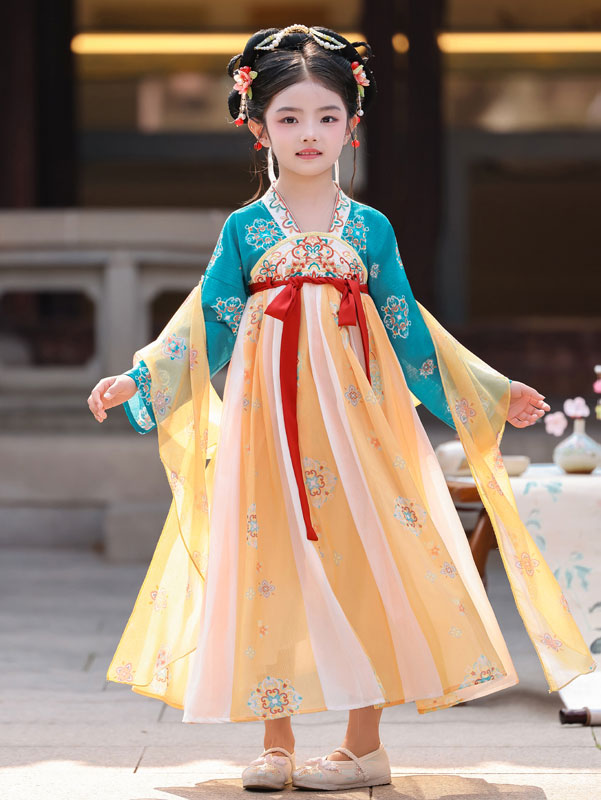 Yellow Embroidered Kids Girls Ancient Hanfu Costume Dress 汉服洛神